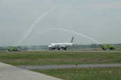 Frontier Airlines Denver-Bismarck service inaugural flight water cannon salute